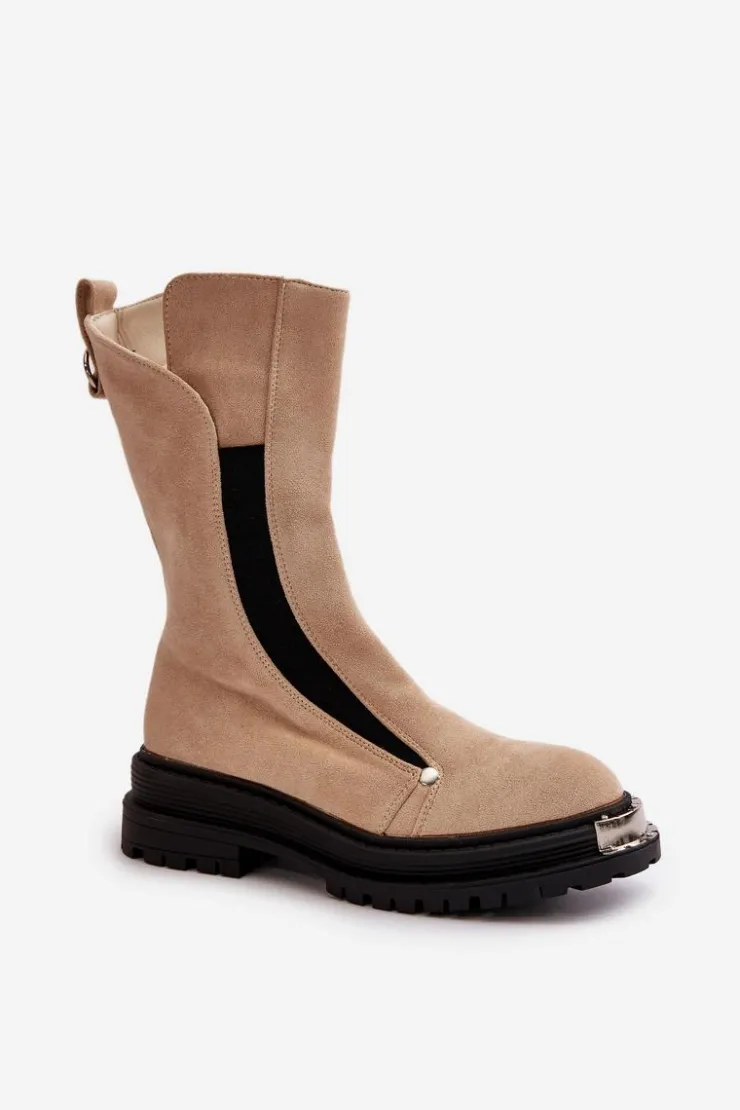 Damskie Boto Zamszowe Ocieplane Botki Na Płaskim Obcasie Jasnobeżowe Palimra