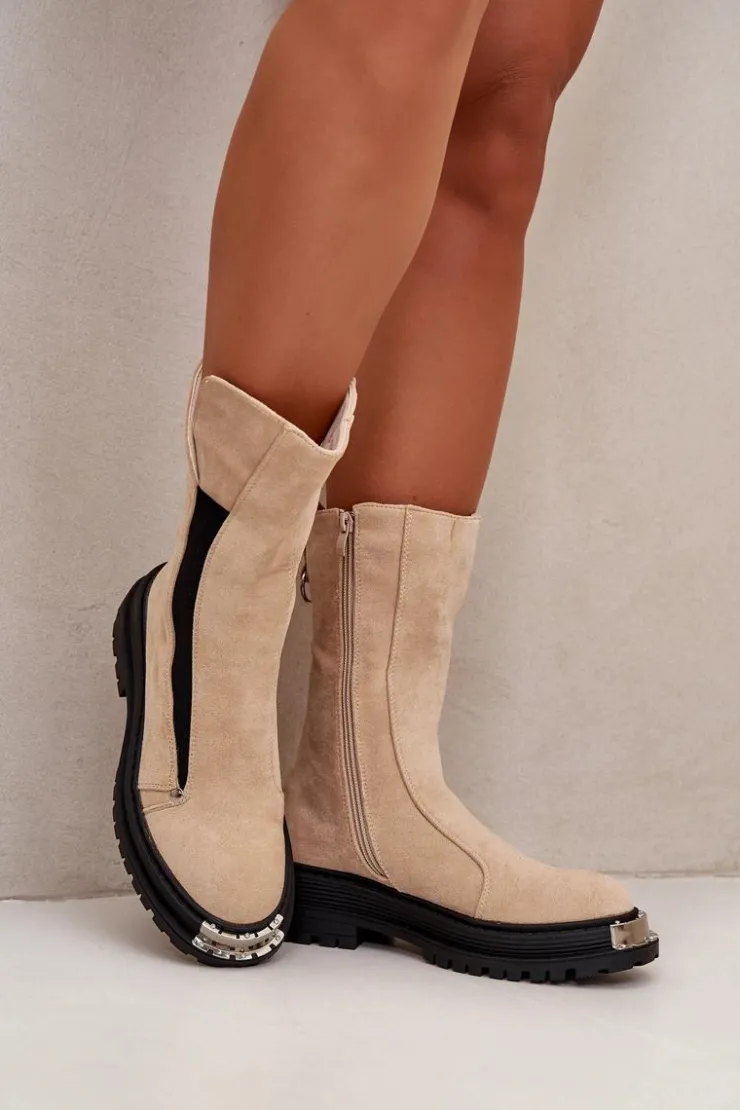 Damskie Boto Zamszowe Ocieplane Botki Na Płaskim Obcasie Jasnobeżowe Palimra