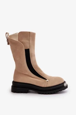 Damskie Boto Zamszowe Ocieplane Botki Na Płaskim Obcasie Jasnobeżowe Palimra