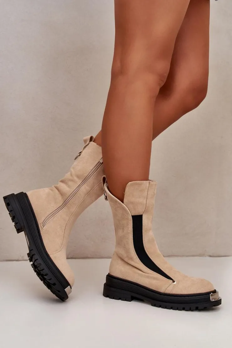 Damskie Boto Zamszowe Ocieplane Botki Na Płaskim Obcasie Jasnobeżowe Palimra