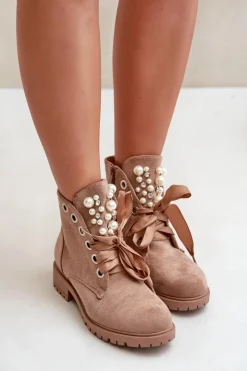 Outlet Boto Zamszowe Ocieplane Botki Z Perełkami I Wstążką Beżowe Perla