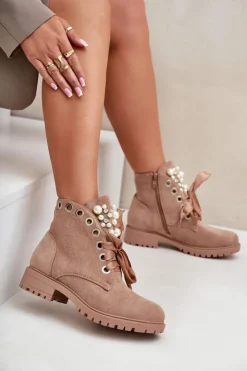 Outlet Boto Zamszowe Ocieplane Botki Z Perełkami I Wstążką Beżowe Perla