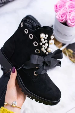 Boto Botki Ocieplane|Botki Sznurowane*Zamszowe Ocieplane Botki Z Perełkami I Wstążką Czarne Perla Czarny