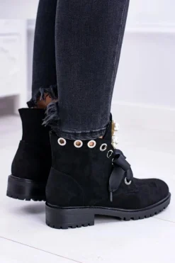 Boto Botki Ocieplane|Botki Sznurowane*Zamszowe Ocieplane Botki Z Perełkami I Wstążką Czarne Perla Czarny