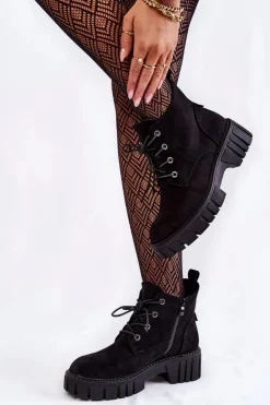 Damskie Buty Sergio Leone Zamszowe Ocieplane Botki Sznurowane Czarne Bjorg