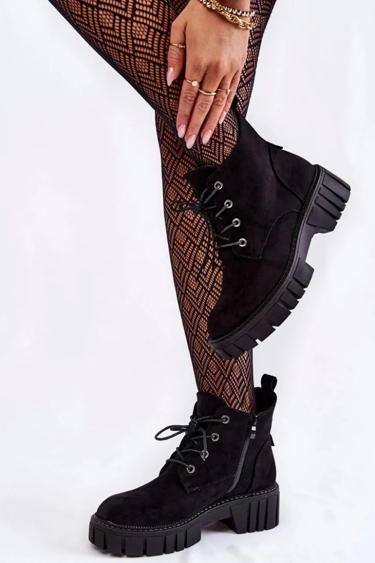 Damskie Buty Sergio Leone Zamszowe Ocieplane Botki Sznurowane Czarne Bjorg