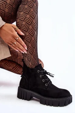 Damskie Buty Sergio Leone Zamszowe Ocieplane Botki Sznurowane Czarne Bjorg