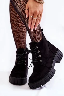 Damskie Buty Sergio Leone Zamszowe Ocieplane Botki Sznurowane Czarne Bjorg