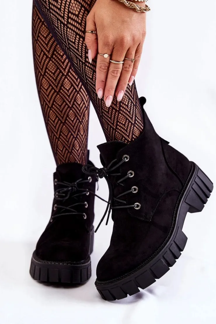 Damskie Buty Sergio Leone Zamszowe Ocieplane Botki Sznurowane Czarne Bjorg