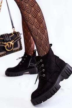 Damskie Buty Sergio Leone Zamszowe Ocieplane Botki Sznurowane Czarne Bjorg