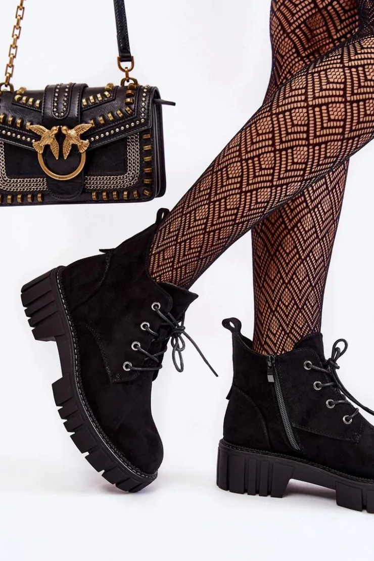 Damskie Buty Sergio Leone Zamszowe Ocieplane Botki Sznurowane Czarne Bjorg