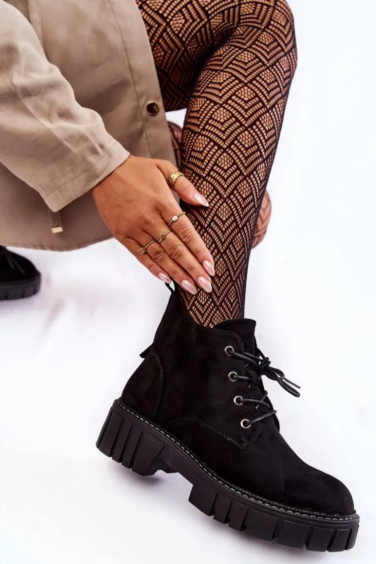 Damskie Buty Sergio Leone Zamszowe Ocieplane Botki Sznurowane Czarne Bjorg