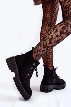 Damskie Buty Sergio Leone Zamszowe Ocieplane Botki Sznurowane Czarne Bjorg