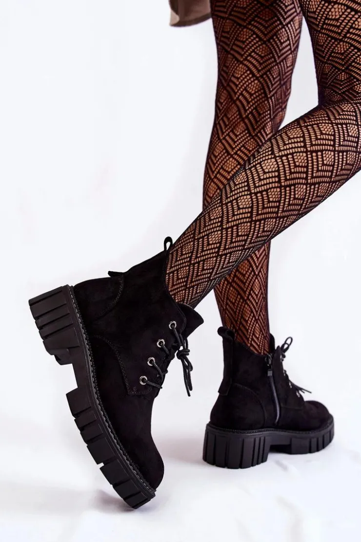 Damskie Buty Sergio Leone Zamszowe Ocieplane Botki Sznurowane Czarne Bjorg