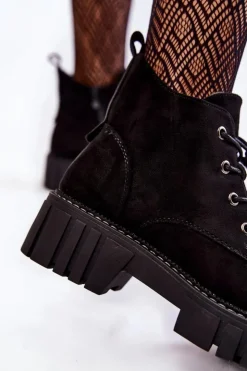 Damskie Buty Sergio Leone Zamszowe Ocieplane Botki Sznurowane Czarne Bjorg