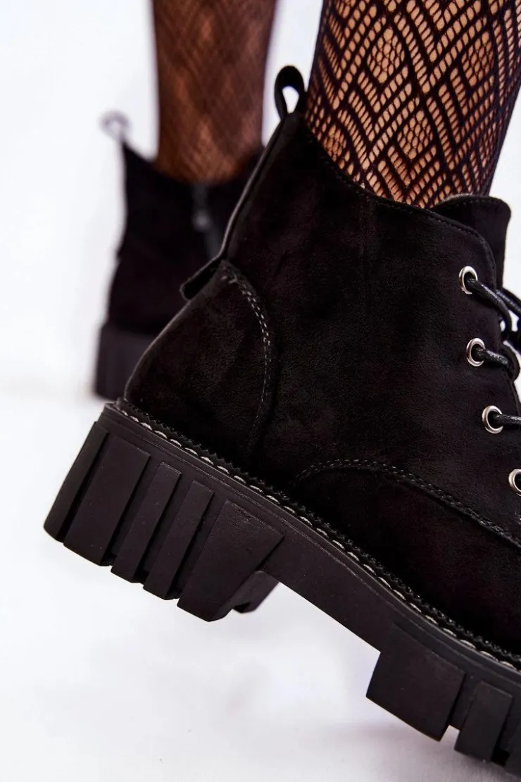 Damskie Buty Sergio Leone Zamszowe Ocieplane Botki Sznurowane Czarne Bjorg