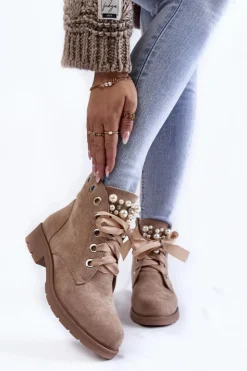 Boto Botki Sznurowane|Botki Zimowe Damskie*Zamszowe Ocieplane Botki Na Suwak Z Perłami Ciemnobeżowe Raiso