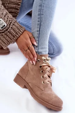 Boto Botki Sznurowane|Botki Zimowe Damskie*Zamszowe Ocieplane Botki Na Suwak Z Perłami Ciemnobeżowe Raiso