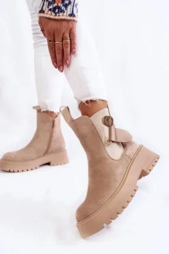 Damskie Boto Zamszowe Ocieplane Botki Workery Beżowe Magnis