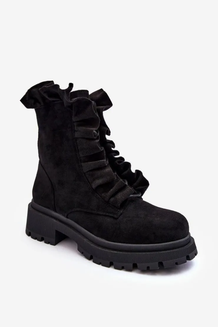 Outlet Boto Zamszowe Ocieplane Botki Workery Na Płaskim Obcasie Czarne Nacelle