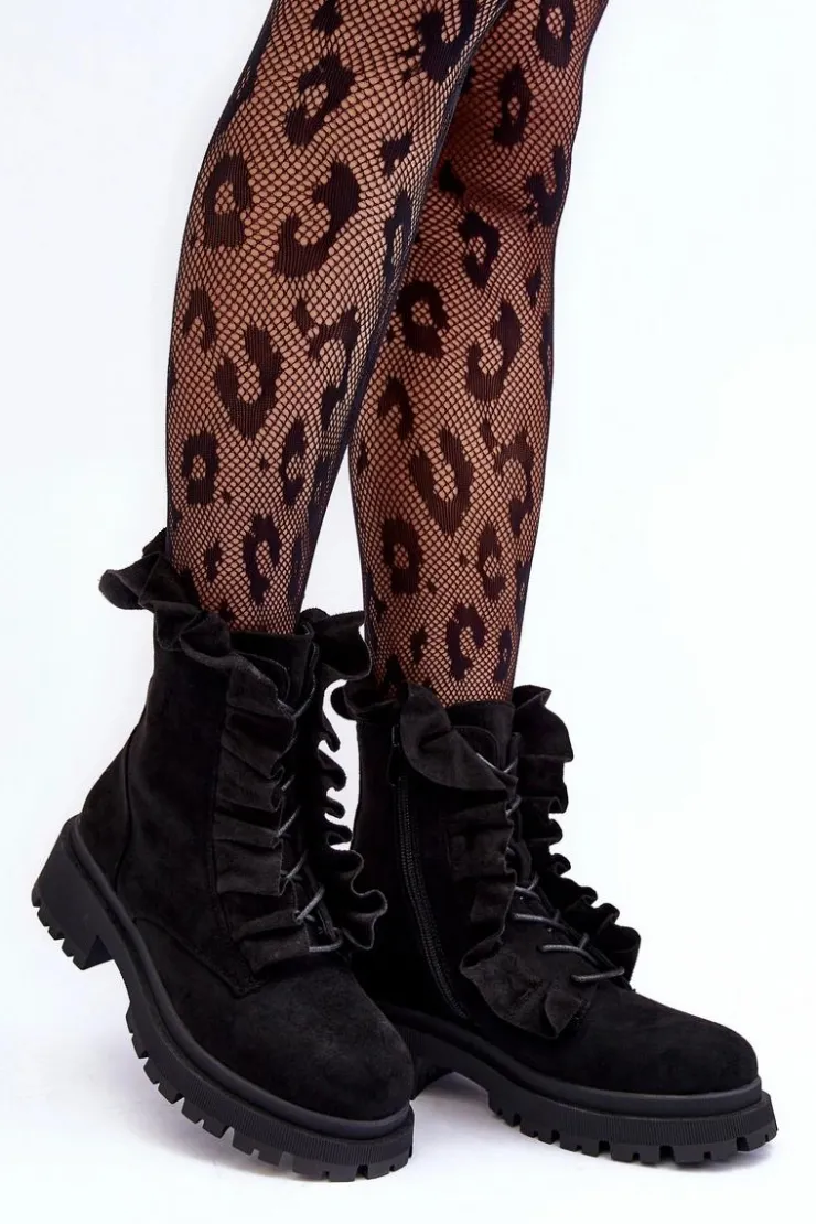 Outlet Boto Zamszowe Ocieplane Botki Workery Na Płaskim Obcasie Czarne Nacelle