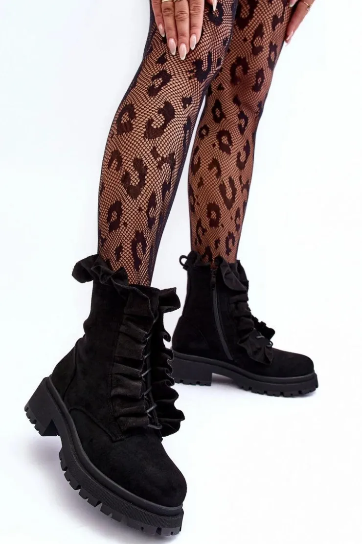 Outlet Boto Zamszowe Ocieplane Botki Workery Na Płaskim Obcasie Czarne Nacelle