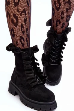 Outlet Boto Zamszowe Ocieplane Botki Workery Na Płaskim Obcasie Czarne Nacelle