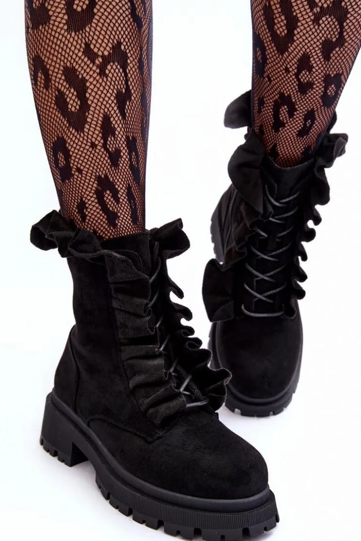 Outlet Boto Zamszowe Ocieplane Botki Workery Na Płaskim Obcasie Czarne Nacelle