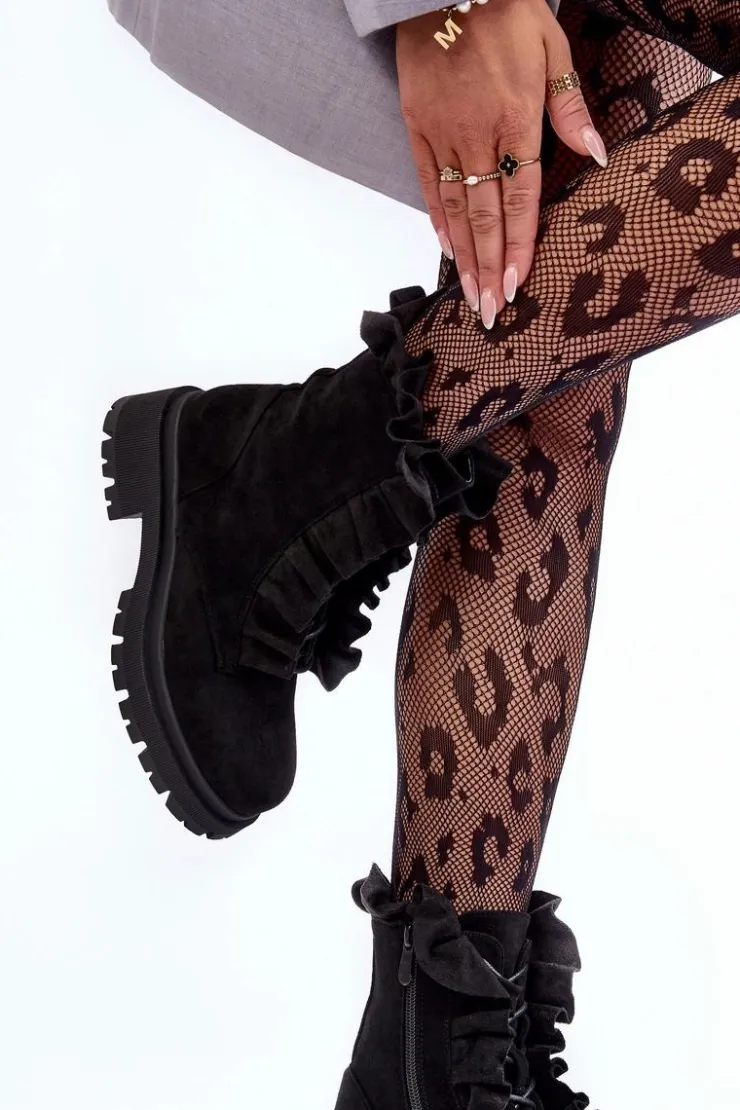 Outlet Boto Zamszowe Ocieplane Botki Workery Na Płaskim Obcasie Czarne Nacelle