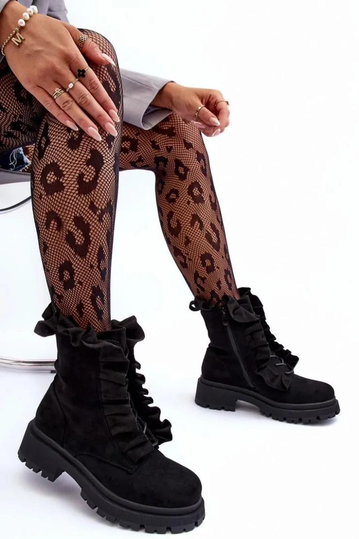 Outlet Boto Zamszowe Ocieplane Botki Workery Na Płaskim Obcasie Czarne Nacelle