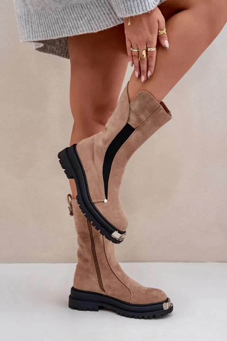 Boto Czarne Botki|Botki Zimowe Damskie*Zamszowe Ocieplane Botki Na Płaskim Obcasie Beżowe Palimra