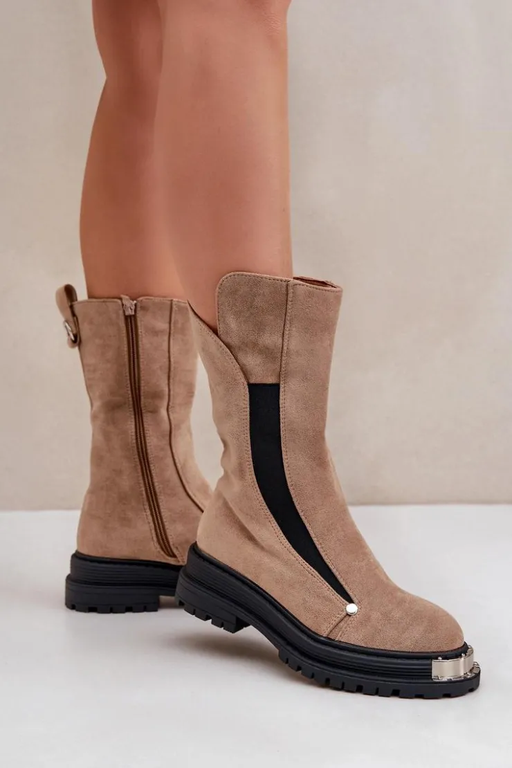 Boto Czarne Botki|Botki Zimowe Damskie*Zamszowe Ocieplane Botki Na Płaskim Obcasie Beżowe Palimra
