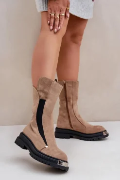 Boto Czarne Botki|Botki Zimowe Damskie*Zamszowe Ocieplane Botki Na Płaskim Obcasie Beżowe Palimra