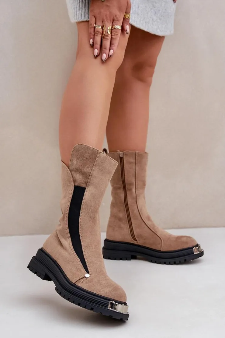 Boto Czarne Botki|Botki Zimowe Damskie*Zamszowe Ocieplane Botki Na Płaskim Obcasie Beżowe Palimra