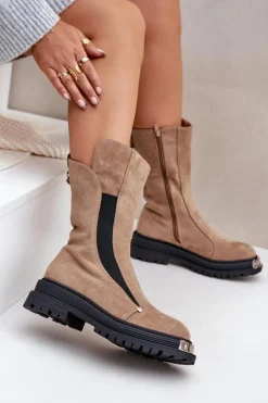 Boto Czarne Botki|Botki Zimowe Damskie*Zamszowe Ocieplane Botki Na Płaskim Obcasie Beżowe Palimra
