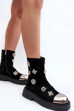 Damskie Damskie buty S.Barski Zamszowe Ocieplane Botki Z Ozdobami D&A MR870-14 Czarne