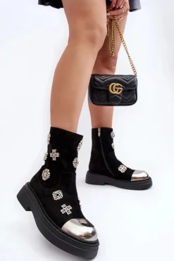 Damskie Damskie buty S.Barski Zamszowe Ocieplane Botki Z Ozdobami D&A MR870-14 Czarne