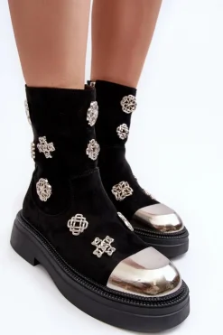 Damskie Damskie buty S.Barski Zamszowe Ocieplane Botki Z Ozdobami D&A MR870-14 Czarne