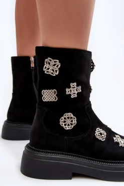 Damskie Damskie buty S.Barski Zamszowe Ocieplane Botki Z Ozdobami D&A MR870-14 Czarne