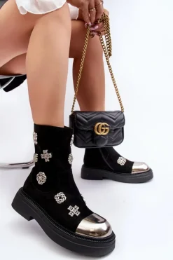 Damskie Damskie buty S.Barski Zamszowe Ocieplane Botki Z Ozdobami D&A MR870-14 Czarne