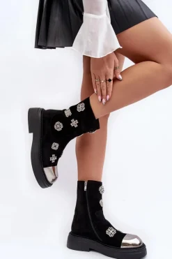 Damskie Damskie buty S.Barski Zamszowe Ocieplane Botki Z Ozdobami D&A MR870-14 Czarne