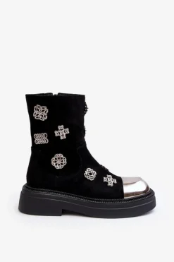 Damskie Damskie buty S.Barski Zamszowe Ocieplane Botki Z Ozdobami D&A MR870-14 Czarne