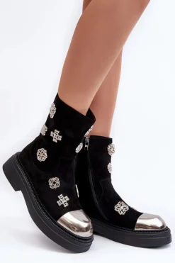 Damskie Damskie buty S.Barski Zamszowe Ocieplane Botki Z Ozdobami D&A MR870-14 Czarne