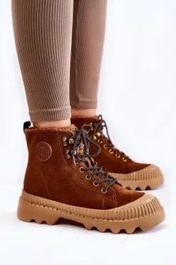 Big Star Shoes Damskie Trapery|Botki Sznurowane*Zamszowe Ocieplane Botki Trapery Big Star KK274520 Brązowe