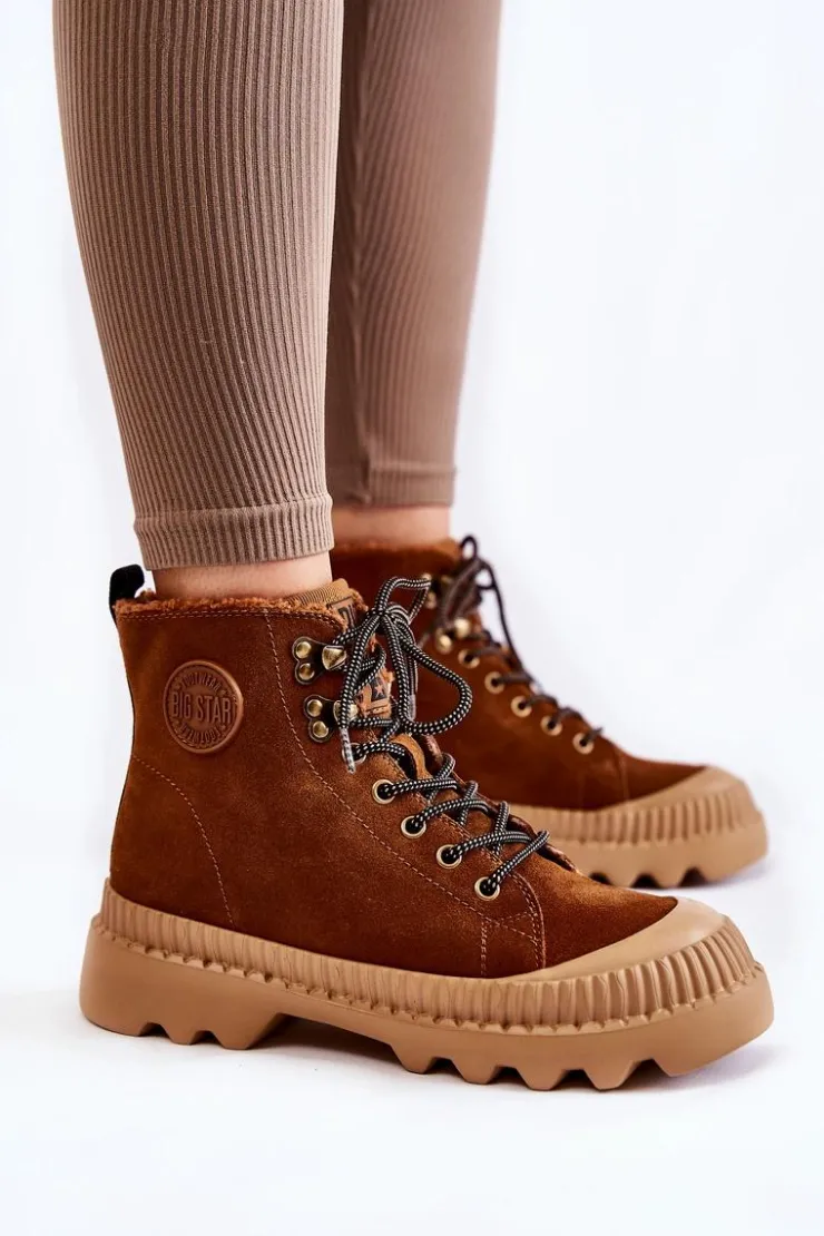 Big Star Shoes Damskie Trapery|Botki Sznurowane*Zamszowe Ocieplane Botki Trapery Big Star KK274520 Brązowe