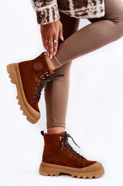 Big Star Shoes Damskie Trapery|Botki Sznurowane*Zamszowe Ocieplane Botki Trapery Big Star KK274520 Brązowe