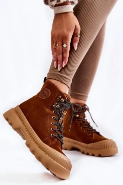 Big Star Shoes Damskie Trapery|Botki Sznurowane*Zamszowe Ocieplane Botki Trapery Big Star KK274520 Brązowe