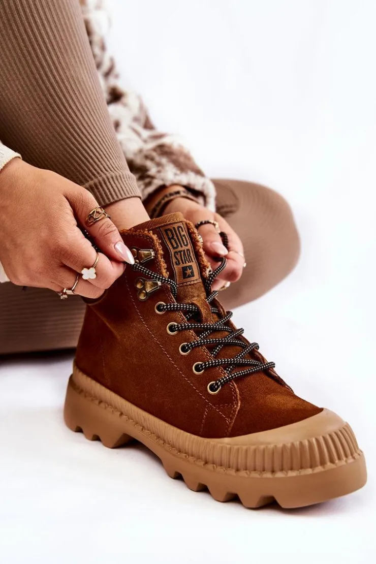 Big Star Shoes Damskie Trapery|Botki Sznurowane*Zamszowe Ocieplane Botki Trapery Big Star KK274520 Brązowe