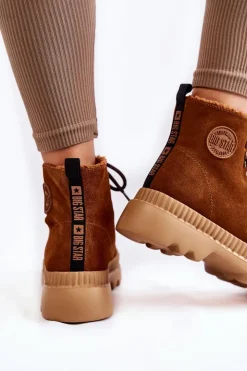 Big Star Shoes Damskie Trapery|Botki Sznurowane*Zamszowe Ocieplane Botki Trapery Big Star KK274520 Brązowe