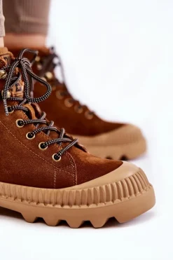 Big Star Shoes Damskie Trapery|Botki Sznurowane*Zamszowe Ocieplane Botki Trapery Big Star KK274520 Brązowe